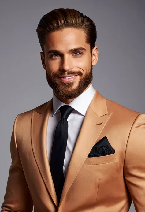 Best quality,Ultra detailed,realistic:1.37,Beautiful,Beautiful face,detailed honey colored eyes,strong jawline,beard stubble,nice smile,The suit is chic,elegant hair,mad,Safety position,cavalier,captivating look,well-groomed,professional,model appearance,b...