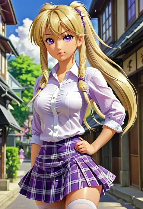 1 girl,work of art,best qualityer,hair blonde,(horse tails),greeneyes,(white stockings),(purple plaid skirt),skirt short,standing,in full length,medium breasts,white undershirt,in front of the streets,extremely detaild,[[realisitic]],beautiful and seductiv...