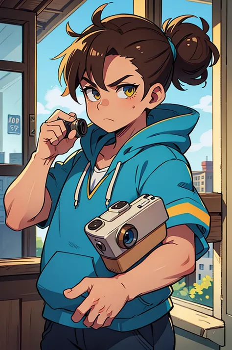 Blue and yellow eyes, holding old school camera in hand, hoodie on, thick brown hoodie, male, fair skin. 20 years old, brown hair in messy bun.