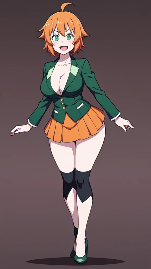 1girl, sexy, white skin, anime woman, happy, glowing green eyes, extremely short glowing orange hair, wearing a up skirt, nipples, full body