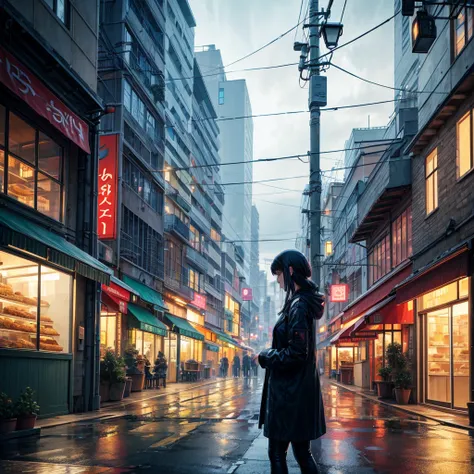 In front of a bakery, a somewhat rainy climate, a calm cyberpunk aesthetic, a beautiful and clean city without wires and streetlights, feeling of peace and harmony.