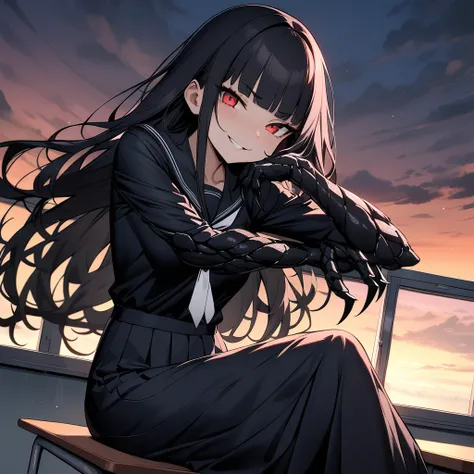 (masterpiece,best quality,very aesthetic),(ultra-detailed),(atlach-nacha,degenerate),1girl,20yo,Statuesque,curvy,tall,long hair, black hair,straight hair,(blunt bangs),beautiful red eyes,smirk,grin,look down on with disdain,black serafuku in winter,long sl...