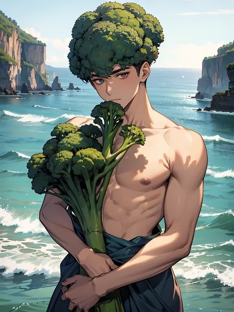 Beautiful young man holding broccoli,Handsome,Broccoli growing from head,Upper body naked,Peach,Ocean,Ocean水浴,gravure,16 years old,