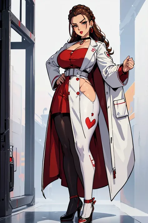 (masterpiece, best quality, high resolution, ((huge breasts)) 1 mature woman, brown hair in a braid, red lips, white blouse, skirt, pantyhose, white cyberpunk style doctors coat, choker, long earrings, black heels, ( white background, stickers. Redmond), (...