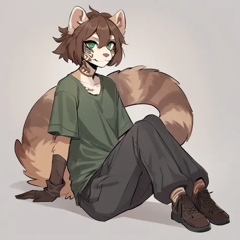 ferret girl monster tan fur with brown stripes brown short hair brown rectangular face tattoos dark green eyes long pointed brown ears with a brown fluffy tip tail with brown stripes wearing a baggy shirt, trousers and short brown gloves
