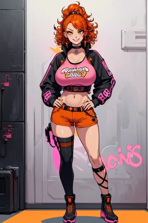 (masterpiece, best quality, high resolution, ((huge breasts))1 girl, sensual body, very curly orange hair, pink lips, punk style hairstyle, big black orange sweatshirt cyberpunk style, very short cyberpunk style shorts, long stockings with stars, choker, b...