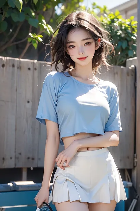 1 Girl,blush,eyelash,(Half bun:0.1),Messy hair,cosmetic,powder blusher,Beautifully detailed big round dark brown eyes,Double eyelids,Supermodel,Delicate and radiant pale skin,Smile,Looking at the audience,
Large Breasts,
Wangqiu,Blue shirt,Vague,Vague back...