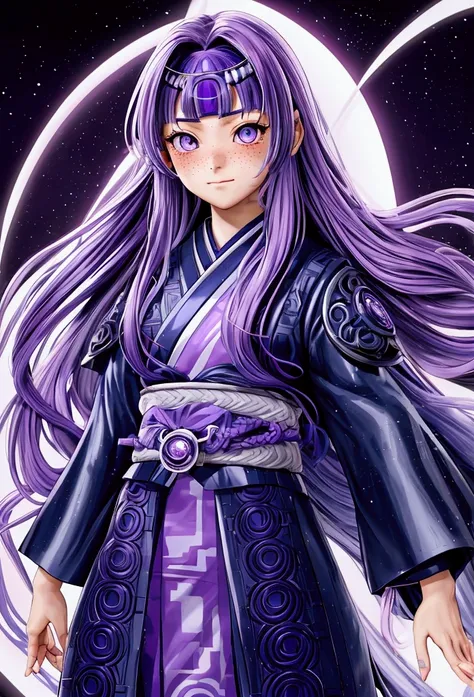 Hikari Hyuga, a 12 year old girl with long hair with curtain fringe, purple hair not very dark but with light, white eyes, dressed as a ninja, elegant yet functional outfit, clear skin, light freckles, wavy hair with naruto style clothes