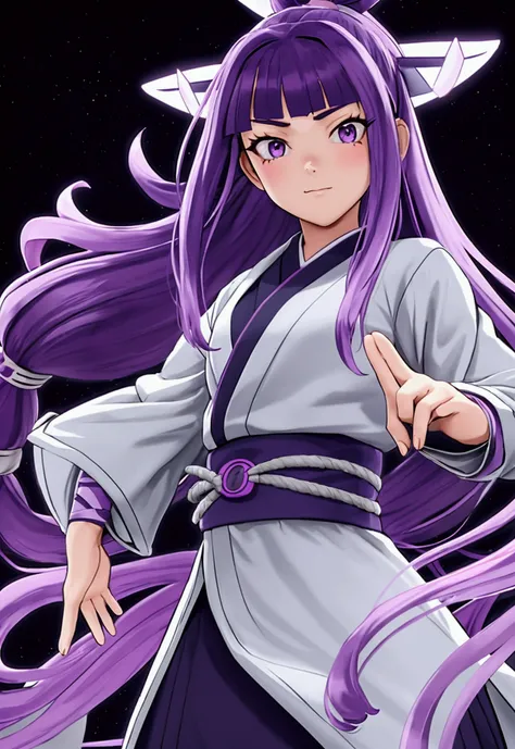 Hikari Hyuga, a 12 year old girl with long hair with curtain fringe, purple hair not very dark but with light, white eyes, dressed as a ninja, elegant yet functional outfit, clear skin, light freckles, wavy hair with naruto style clothes