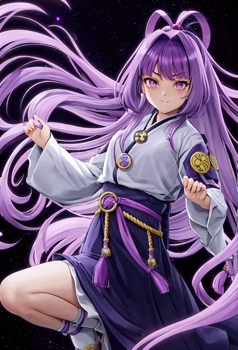 Hikari Hyuga, a 12 year old girl with long hair with curtain fringe, purple hair not very dark but with light, white eyes, dressed as a ninja, elegant yet functional outfit, clear skin, light freckles, wavy hair with naruto style clothes