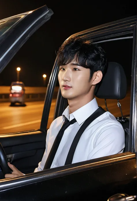 Gender, female, 28 years old, (model, Kim Soo hyun, Korean celebrity), sitting in the passenger seat of a small car, side view, (best quality: 1.2, 8K resolution, high resolution: 1.2), (Asian, Korean, handsome: 1.4), white shirt, short black hair, good-lo...