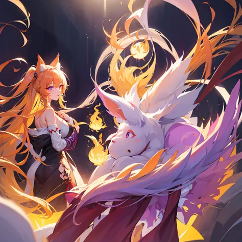 Ahri has striking features. She has long, flowing yellow hair that cascades down her back, complementing her vibrant purple eyes. The most unique aspect of Ahris appearance is her nine tails, which are a mix of yellow and purple, exuding a soft and warm gl...