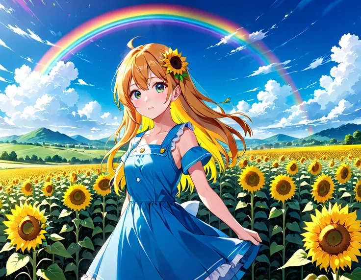 Anime girl in a blue dress standing in a field with a rainbow in the sky, Big vibrant rainbow、Sunflower on one side、4K Manga Wallpapers, Anime Style 4k, Anime Art Wallpapers 8K, anime art wallpaper 4k, anime art wallpaper 4k, Beautiful Anime art style, Bea...