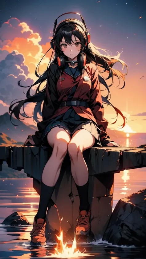 anime girl With headphones sitting on a rock, Burning, With headphones, Nightcore, (anime girl), Another Iwakura, Photo of a-1, Kantai Collection Style, anime moe artstyle, With headphones, inspired Burning, anime girl, anime!!!!!!!!!!!!!!!, anime girl wit...