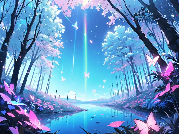 A mystical grove, with luminous flowers, multicolored neon butterflies, crystal clear water, beautiful trees, (((unique view with extremely vivid multicolors without any people))), {extremely detailed 16k CG unity wallpaper}, expansive natural landscape ph...