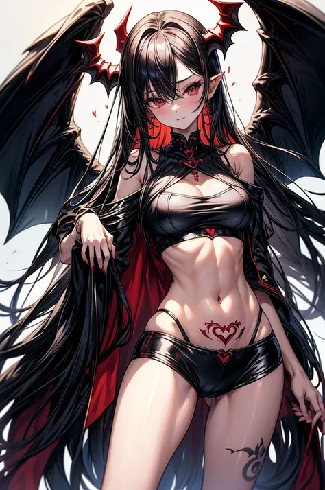 masterpiece, super detailed, high resolution, precision art, highly seductive anime girl. sexy and alluring, flawless red demonic skin, succubus, symmetrical face, beautiful olive eyes, flowing black hair, her very presence oozes seduction and allure, S-sh...