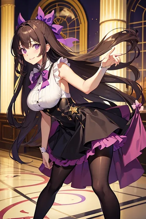 mamako_oosuki, long hair, brown hair, purple eyes, mature female, large breasts, bright pupils, ribbon, black dress, (grey pantyhose:1.1), casino, smile, high heels, royal, skirt lift, reflective floor, leaning forward, closed mouth, masterpiece, best qual...