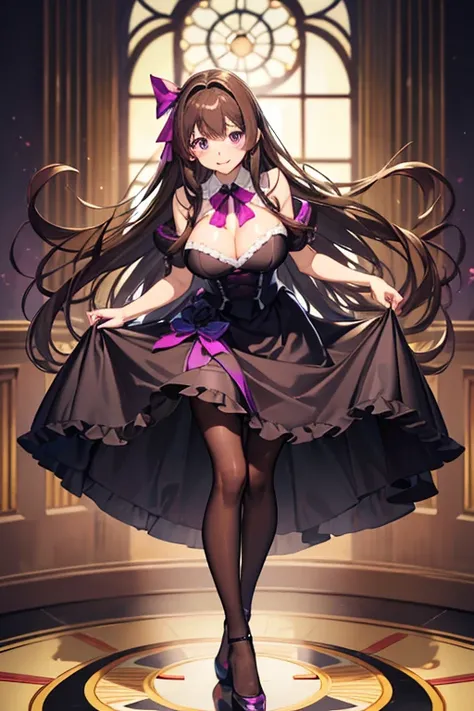 mamako_oosuki, long hair, brown hair, purple eyes, mature female, large breasts, bright pupils, ribbon, black dress, (grey pantyhose:1.1), casino, smile, high heels, royal, skirt lift, reflective floor, leaning forward, closed mouth, masterpiece, best qual...