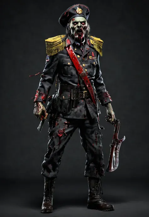 Chief zombie, villain, chief uniform with hat, blood in mouth, grip long weapon in right hand , full body,