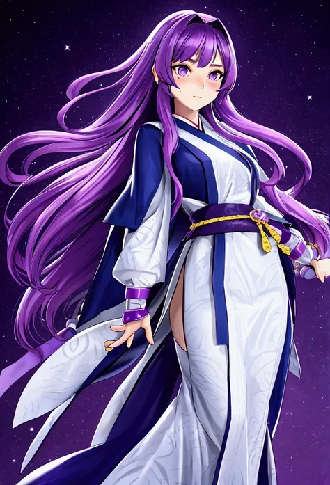 Hikari Hyuga, a 12 year old girl with long hair with curtain fringe, purple hair not very dark but with light, white eyes, dressed as a ninja, elegant yet functional outfit, clear skin, light freckles, wavy hair with elegant and pretty style clothes