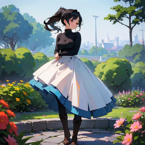 (high quality, High resolution, Very detailed, reality:1.37), Peaceful atmosphere, (Outdoor, garden), Teenage girl standing alone, (my breasts are big.), Beautiful details, Cute Smile, (Black hair ponytail), Ribbed sweater, Blue Skirt, Black tights, Brown ...