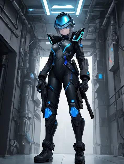 Using futuristic helmet, female character with ledpunk clothing, jacket with led light tubes. 1girl, a futuristic-looking male military commander with a fantastic ((square cyberhelmet head with blue lights)), wearing a pair of ((iron grey gloves)) and ((bl...