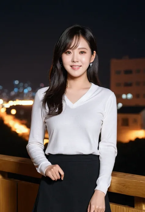 gender, woman, Year: 28, (model, Kim Seo-hyun, South Korea名人), (Highest quality:1.2, 8k resolution, High resolution:1.2), (Asia, South Korea, good looking:1.4), White shirt, Black Short Hair, Nice, Fair skin, A pink sweater with a plunging neckline,Black S...