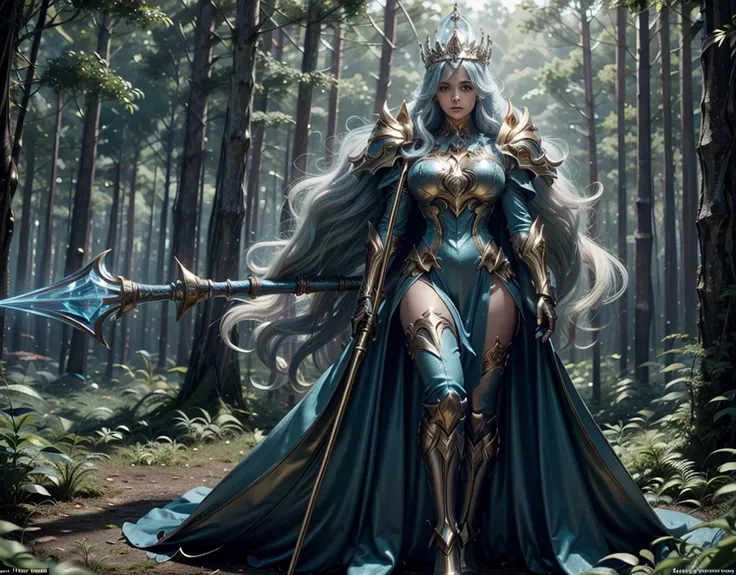 in a pleasant forest, women full body, legs thick, hips. wearing a blue suit of paladin powers, futurist. armadura templária com...