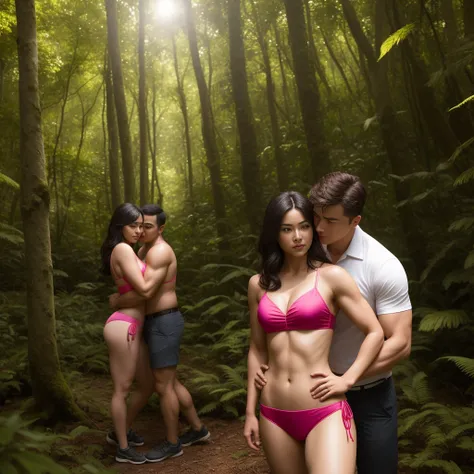 1 muscular very hary, handsome and attractive American man without wearing shirt with sexy Indonesian married woman bit chubby wearing a sexy pink satin bikini in the forest with sunlight. Both are hugging pose and there body is towards the camera which is...