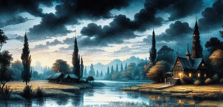 fantasy, Floodplain, ink drawing, Masterpiece realistic, best high quality, perfect details, intricate details, nice lighting, detailed background,