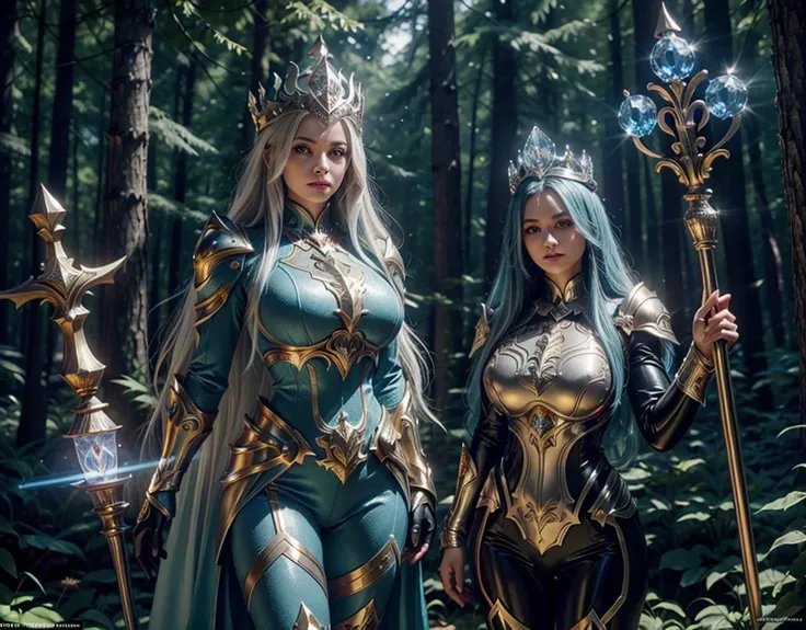 In a pleasant forest, women full body, legs thick, hips. wearing a blue suit of paladin powers, futurist. Armadura templária com detaileds de ouro fino, A goddess with long white hair, ultra detailed eyes, gold Crown, holding a staff with large glowing cry...