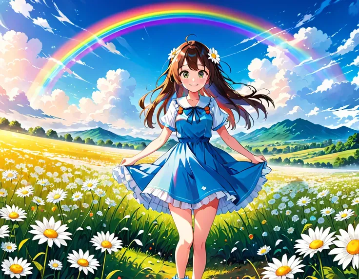 Anime girl in a blue dress standing in a field with a rainbow in the sky, smile、Big vibrant rainbow、A field of white daisy flowers、4K Manga Wallpapers, Anime Style 4k, Anime Art Wallpapers 8K, anime art wallpaper 4k, anime art wallpaper 4k, Beautiful Anime...