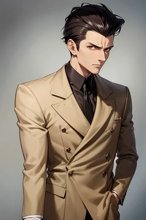 best quality, man, slim man, dark brown eyes, very short dark black hair, disheveled hair, raised hair, pompadour, beige jacket, beige jacket, white shirt tucked in, serious look, short hair, hands in jacket, looking at forehead, moody.