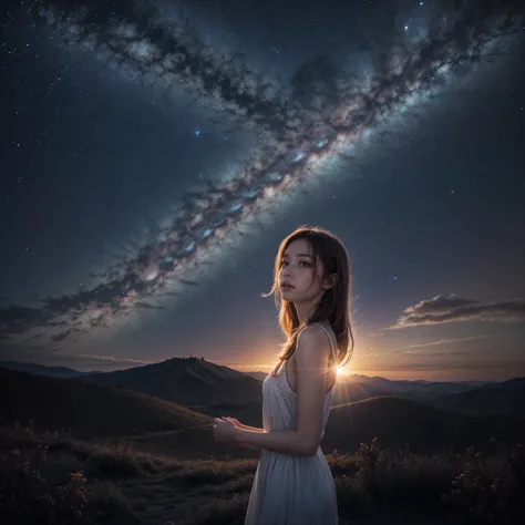 high détail, super detaill, Super high resolution, girl enjoying her time in dream galaxy, surrounded by stars, warm light sprinkled on her, the background is a starry sky with colorful galaxies and galactic clouds, stars flying around you, 精致的面容, adding a...