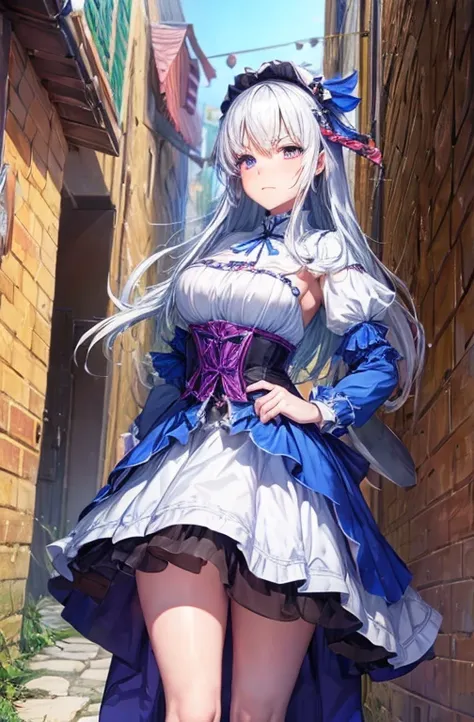 Ecchi style fantasy peasant girl, located in back alley of fantasy town, looking at viewer nervously + frown, ((about to be raped by viewer))