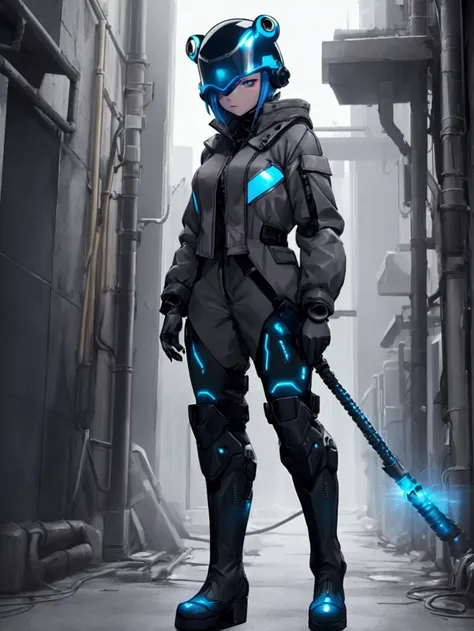 Using a flamethrower, Using full-face futuristic helmet, female character with ledpunk clothing, jacket with led light tubes. 1girl, a futuristic-looking male military commander with a fantastic ((square cyberhelmet head with blue lights)), wearing a pair ...