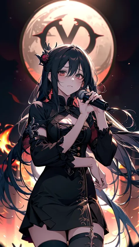 Anime girl with guitar and microphone in front of a crowd, Nightcore, Satanic atmosphere, Burning, Rorish, Gap Moe Yandere Grimdark, emo anime girl, Gothic Maiden Anime Girl, everyone, Goscoax, Art for Dark Metal Music, Inspired by Len Bonian, Anime girl i...