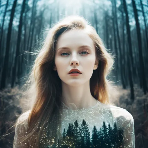 (Double Exposure Photography by Stanley Stellar and Josefa Pla Marco:1.2), award-winning photography, pale skin, evil slavic woman, long dark blond hair, upper body, aesthetic, dazzling atmosphere, atmospheric scattering, perfectly focused, f/22, symmetry ...