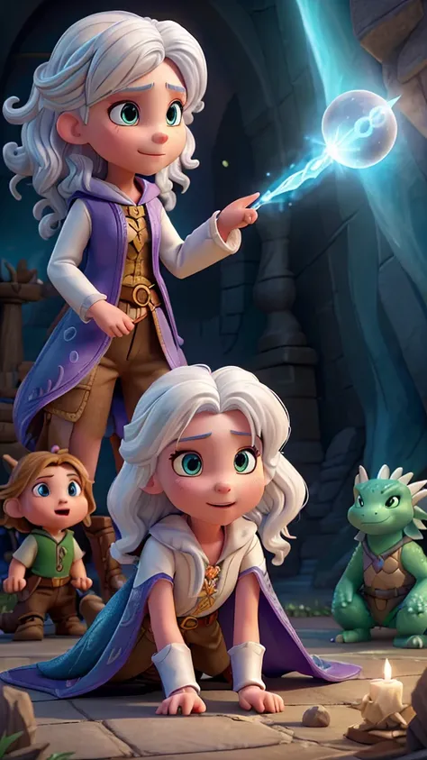 The Sorceress of Light, (wise young woman with white hair with bright clothes and a radiant aura), Leah (bright eyes and big wavy brown hair, dressed as a fearless explorer wearing shorts), Draco, (majestic dragon with gleaming scales and curious eyes), de...