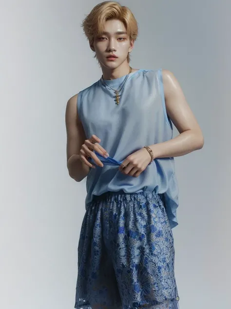 A closeup of a person wearing a royal blue blouse and shorts, Photoshoot, magazine scan, Tahyung Kim, key still, magazine Photoshoot, hyung tae kim, high quality scan, delicate androgynous prince