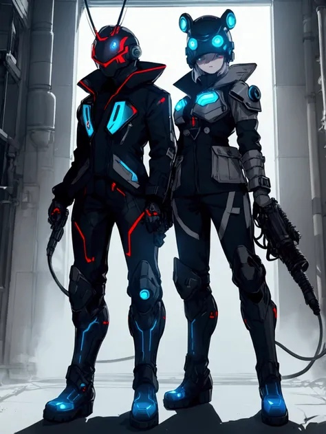 Super strong character, final boss, Using a flamethrower, Using full-face futuristic helmet, female character with ledpunk clothing, jacket with led light tubes. 1girl, a futuristic-looking male military commander with a fantastic ((square cyberhelmet head...