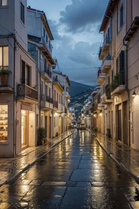 make a city of greece, more modern, just raining