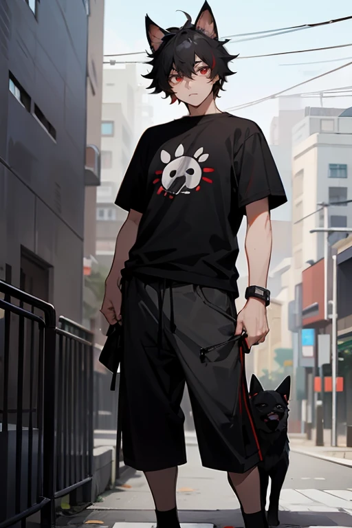 1male , Straight black hair , red Eyes , dog ears , Black t shirt , messy hair, Standing on sidewalk , Modern city background 