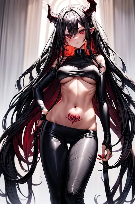 masterpiece, super detailed, high resolution, precision art, highly seductive anime girl. sexy and alluring, flawless red demonic skin, succubus, symmetrical face, beautiful olive eyes, flowing black hair, her very presence oozes seduction and allure, S-sh...