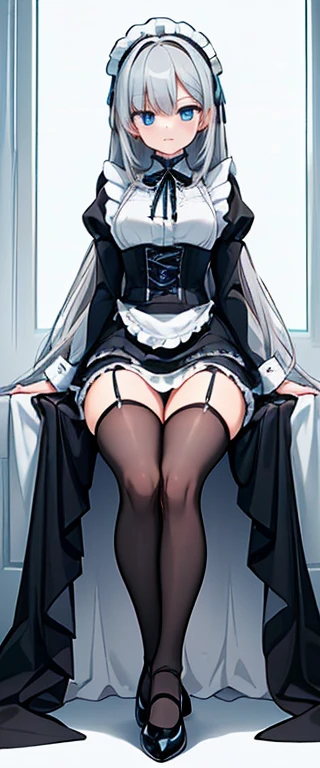 (long beautiful gray hair) cyan eyes, (Eyes behind long bangs) breasts big, standing pose, hands behind the back,  (wearing stockings) perfect beautiful and shiny cyan shoes (Wearing luxurious black palace maid clothes Perfect perfect noble)  side pose (Gi...