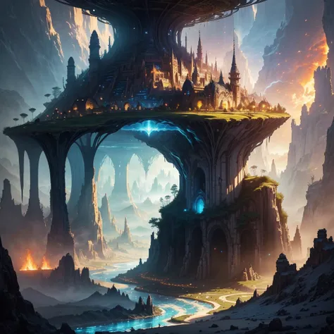 Best Quality，8k，Huge underground city，Underground Labyrinth，mysteriouultidimensional，A world beyond imagination，High Dimension，Fantasy，Different space，Nature，romantic，A world beyond imagination，Dream world，Huge river，masterpiece，最高masterpiece，perfection，