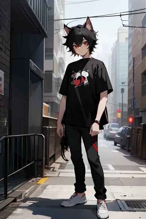 1male , Straight black hair , red Eyes , dog ears , Black t shirt , messy hair, Standing on sidewalk , Modern city background 