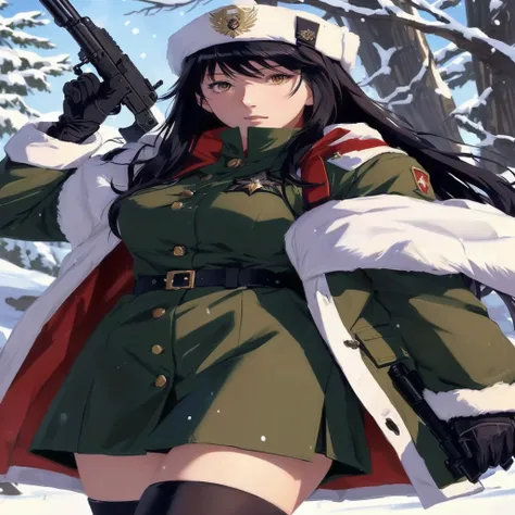 a woman in a uniform holding a rifle in the snow, detailed anime character art, official art, cushart krenz, rin tohsaka, nico robin, marin kitagawa fanart, misato katsuragi, full colored, fujita goro!, cushart kenz, military girl, from girls frontline, a-...