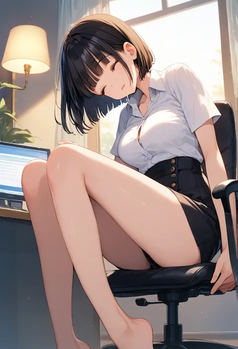 score_9,score_8_up,score_7_up,masterpiece,best quality, source anime, official art, super detailed, extreme detailed, rating_safe,
1girl, sitting on chair, (tilt head:1.2), sleeping, 
BREAK girl, 22yo, short hair, bob cut, (blunt bangs), black hair, (tarem...