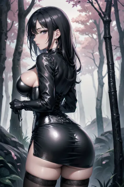 Masterpiece, Superior image quality, high resolution, 4k image,photo and gross, photorealistic, whole body, distant view, 1 young man of 15 years, view from behind, {{{vagina}}}, big breasts, beautiful face, long black hair, black eyes, very detailed eyes,...